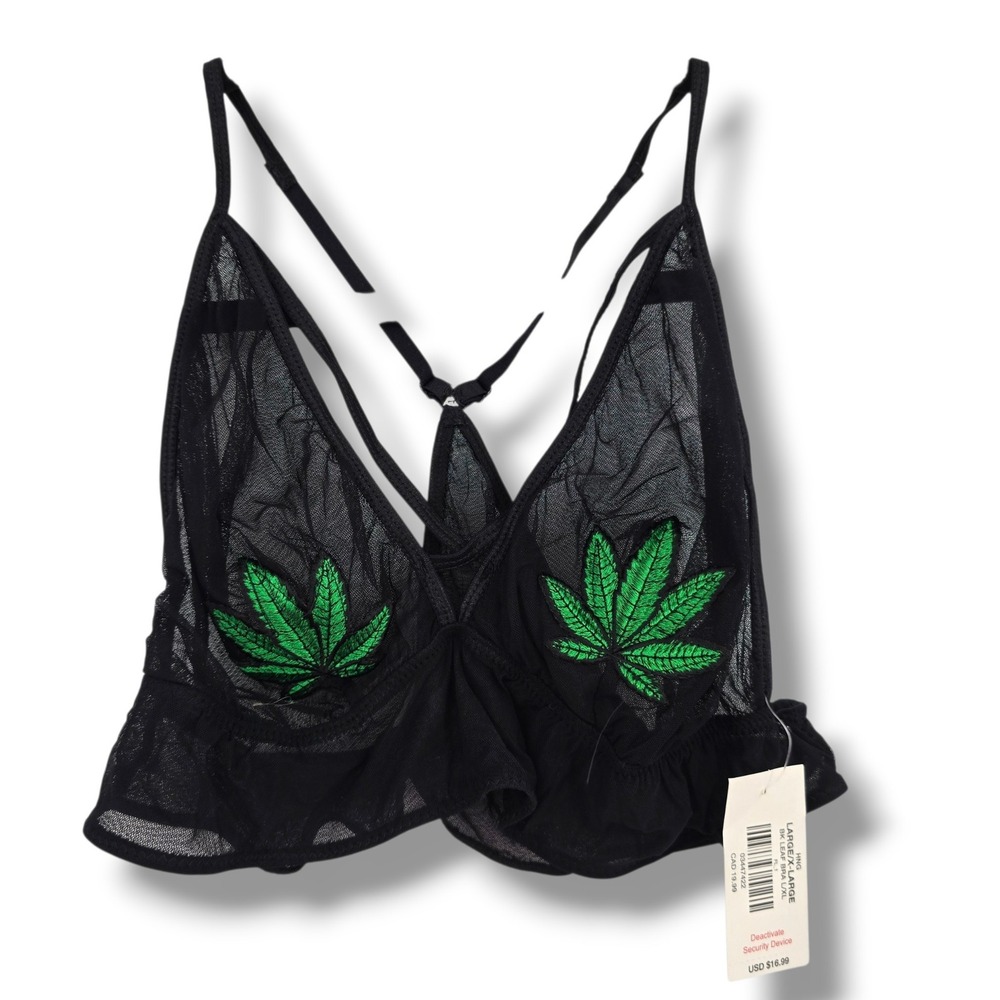 New BodyRage Womens Black Mesh Green Leaf Embroidered Ruffle Bralette L/XL NWT